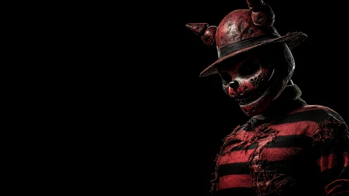 Textured red demon mascot portrait under low key rim lighting