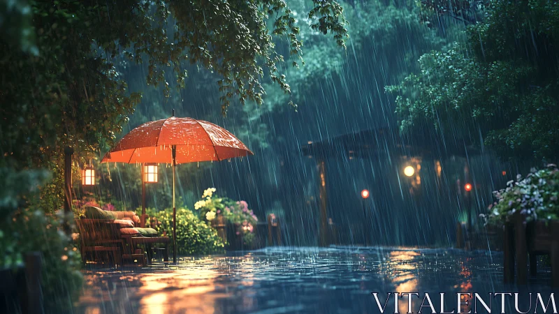 Luminous terrace under monsoon rainfall with reflective wet paving.