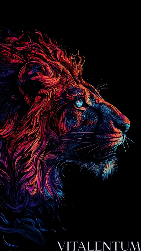 Neon mane ascends as a cosmic lion stares through darkness.