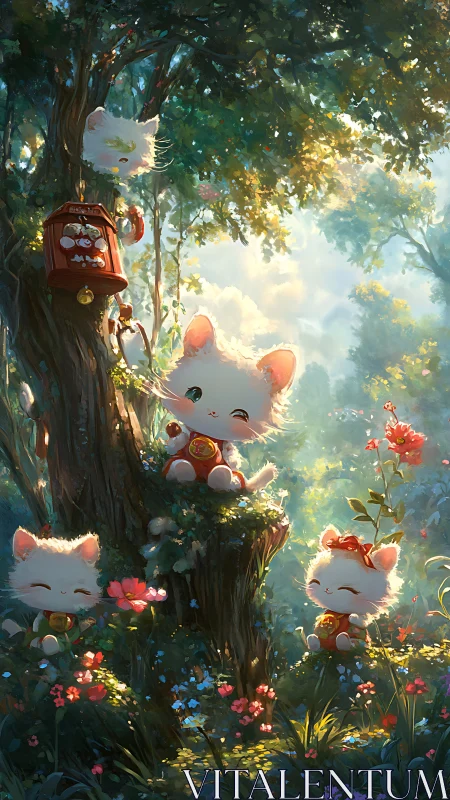 Whimsical Felins Inhabit Enchanted Arboreal Sanctuary.
