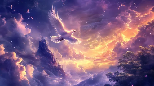 Soaring white dove over glowing fantasy sky at sunset.