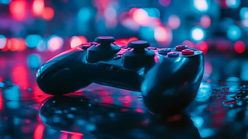 Gaming controller on wet surface under neon bokeh lights.