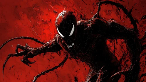 Digital painting of feral symbiote against scarlet abstract ground.