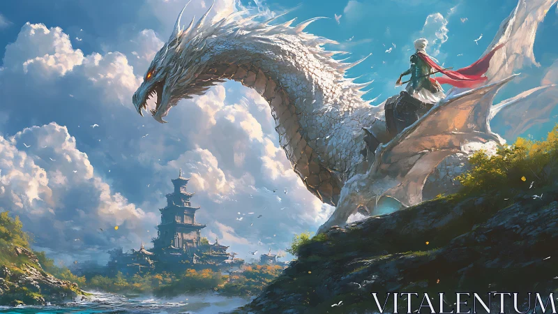 Aerodynamic white dragon mount surveying coastal citadel horizon.