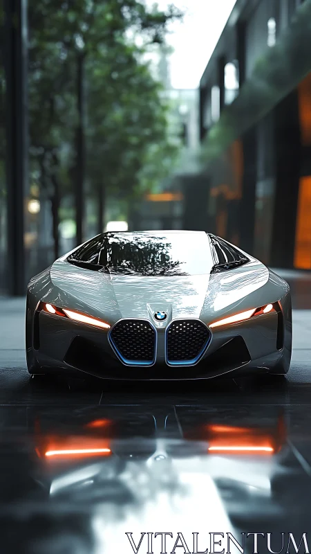 Front view of silver BMW concept car in urban setting.