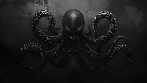 Dark monochrome octopus spreads curling tentacles outward.