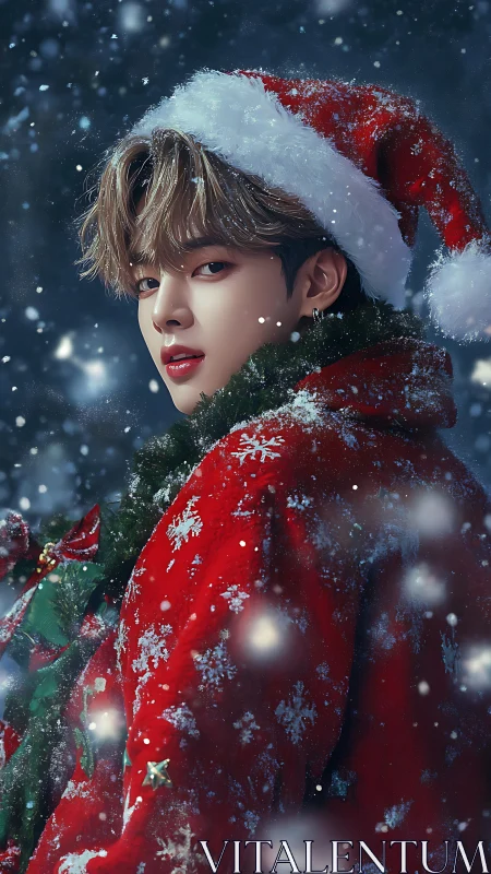 Young person in festive Santa outfit in falling snow.