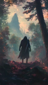 Cloaked wanderer standing in misty forest before peak.