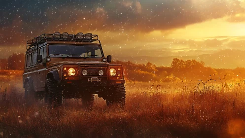 Off-road 4x4 truck in golden field at dramatic sunset sky.