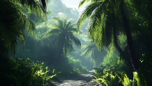 Misty Jungle Sanctuary. Tropical Forest River Path.
