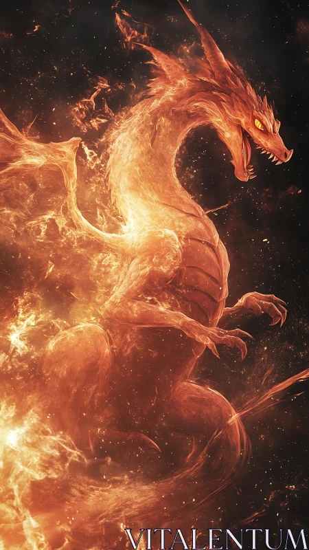 Volumetric fire dragon materializing from molten inferno