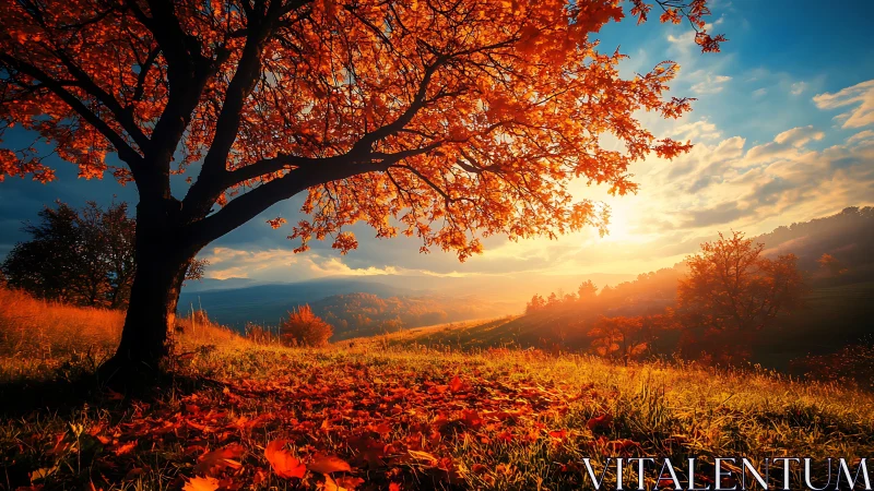 Sunlit autumn tree over rolling countryside at sunset.