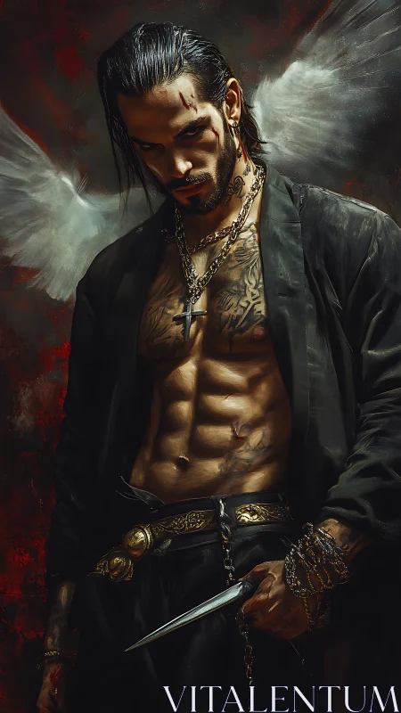 Fallen angel warrior stands in shadowed light with fierce grace