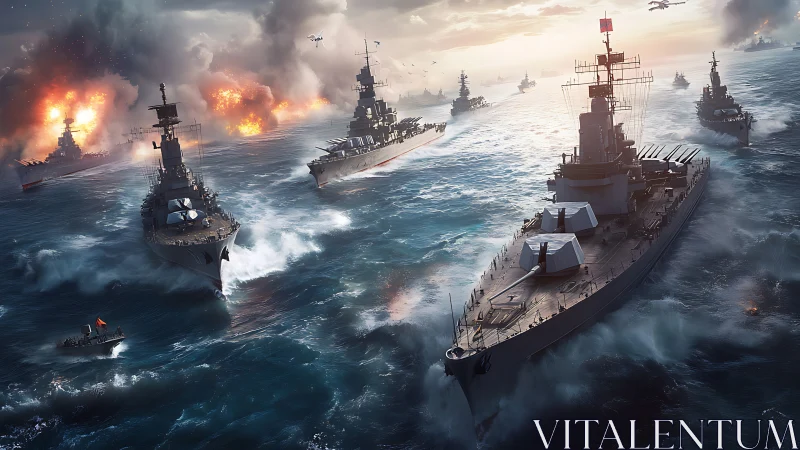 Armored battleship task force under heavy naval bombardment