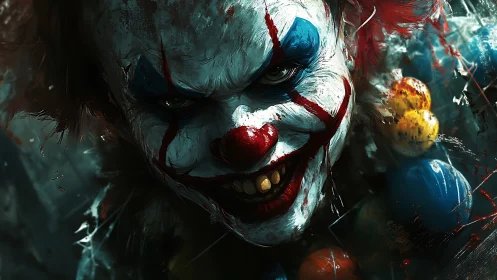 Sinister clown portrait with smeared makeup and sharp glare.