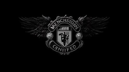 Winged monochrome crest with stylized shield emblem design.