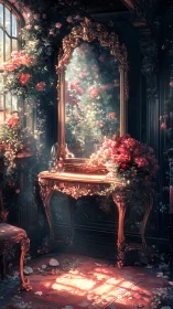 Gilded vanity drenched in rose-lit garden reverie glow.