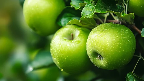 Green apples on tree branches with surface water droplets.