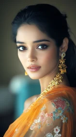 Portrait of woman in orange embroidered saree and gold jewelry.