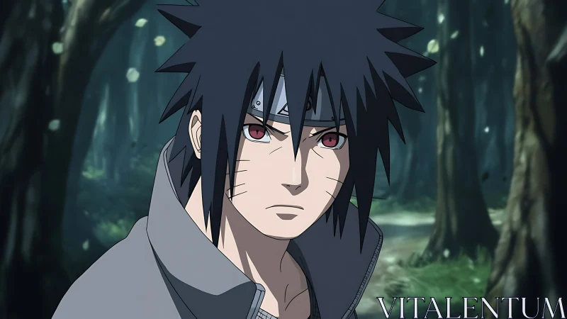 Brooding forest ninja with scarlet gaze and storm-cut hair.