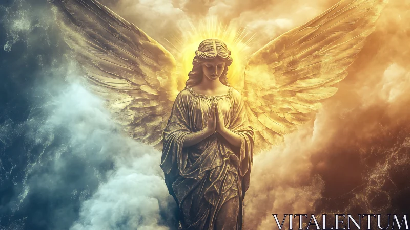 Digital painting of luminous angel amid bifurcated clouds.