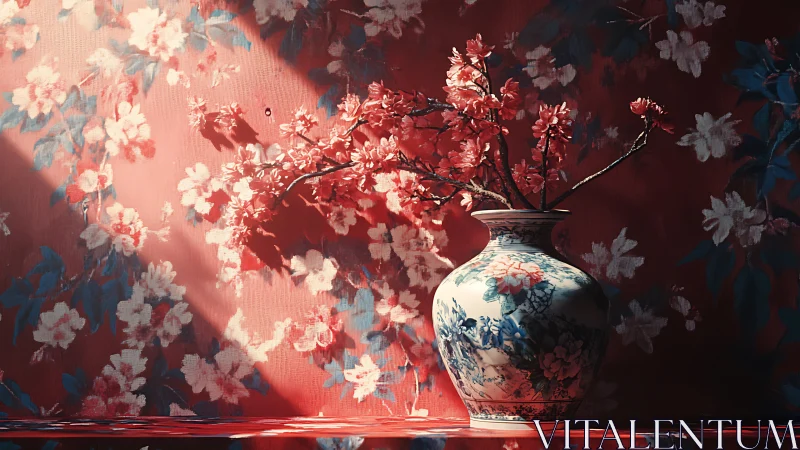 Porcelain Vessel with Cherry Blossoms Against Crimson Backdrop.