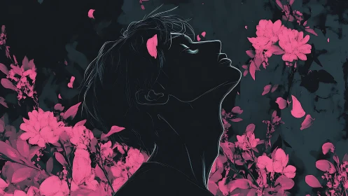 Silhouetted person in profile surrounded by pink flowers