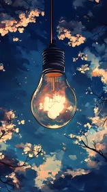 Hanging light bulb amid stylized blossoms and night sky.