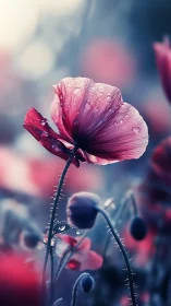 Gossamer Petals Weep: Poppy's Dewy Solitude Under Hazy Light.