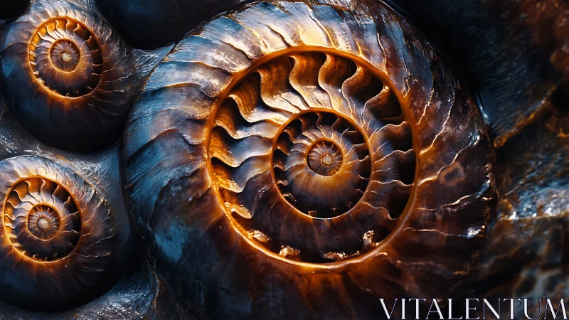 Luminescent ammonite spirals with metallic macro detail.