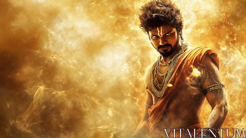 Fierce warrior ascends through blazing golden energy storm