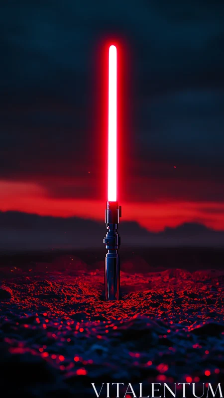 Red energy blade glows over dark volcanic landscape.