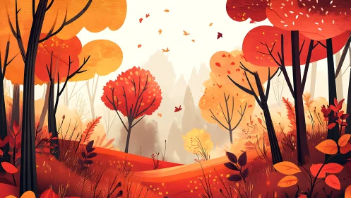 Autumn Forest Landscape with Stylized Trees and Falling Leaves