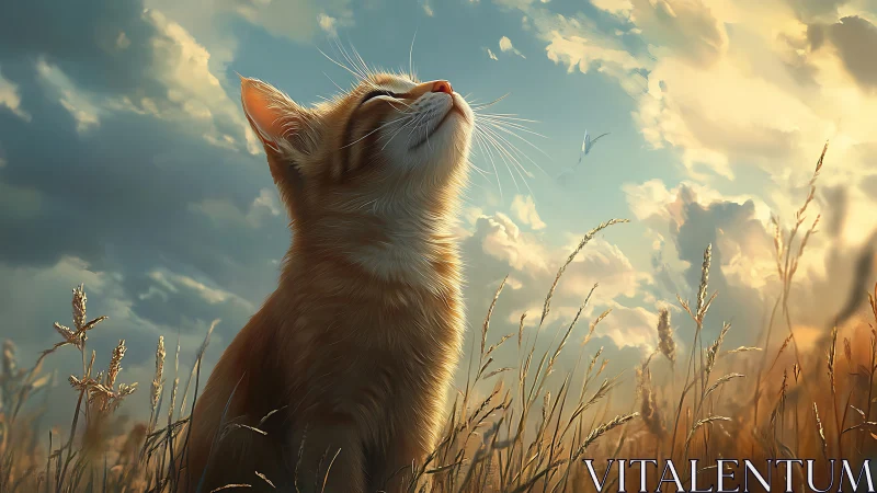 Ginger Guardian Gazes Upward Through Golden Wheat Fields