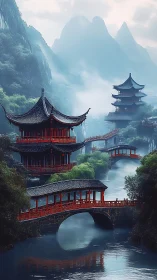 Mist-shrouded river pagodas with arched bridges in karst valley