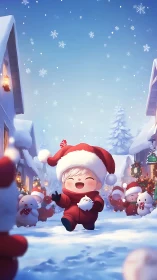 Child in red Santa suit walking through snowy village.