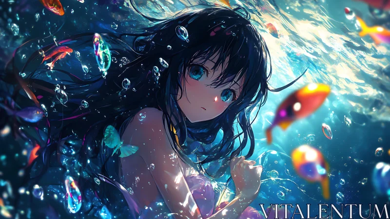 Anime girl underwater among glowing fish and bubbles.
