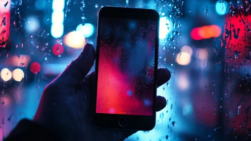 Neon city reflections on smartphone in rainy night scene.