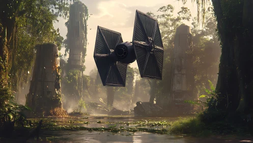 Imperial-style starfighter above dense swamp ruins scene.