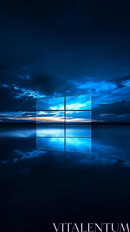 Windows logo reflects over serene blue ocean horizon at dusk.
