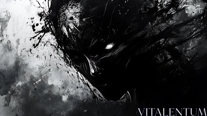 Monochrome abstract entity portrait with splattered ink chaos