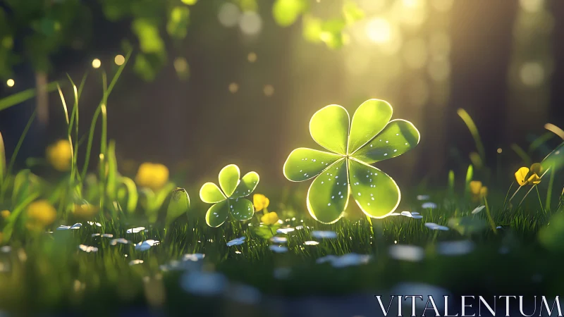 Rendered clover leaves stand in shallow depth forest light