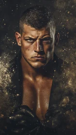 Intense male portrait with cinematic grit and golden dust effects