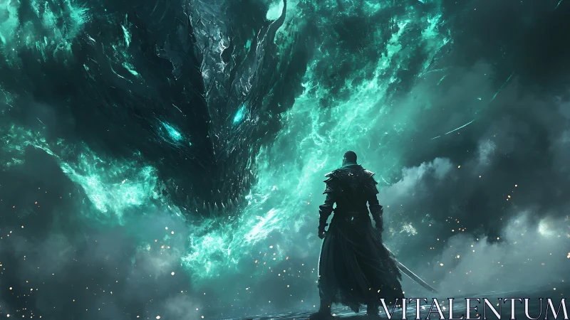 Lone dark knight confronts colossal spectral dragon in mist