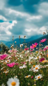 Alpine Wildflower Meadow Under Blue Sky.