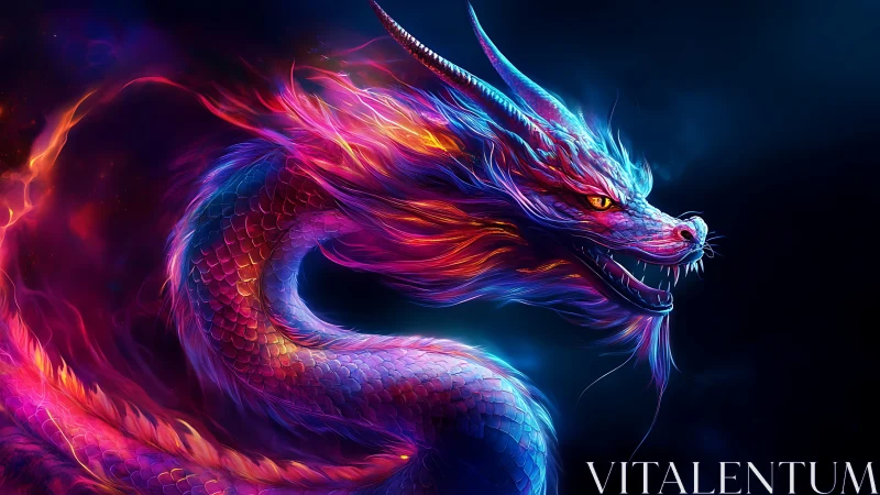 Neon scaled dragon rendered with high saturation spectral lighting