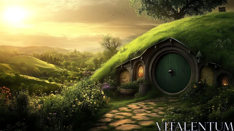 Sunlit hobbit hillside home rests amid rolling green valleys.