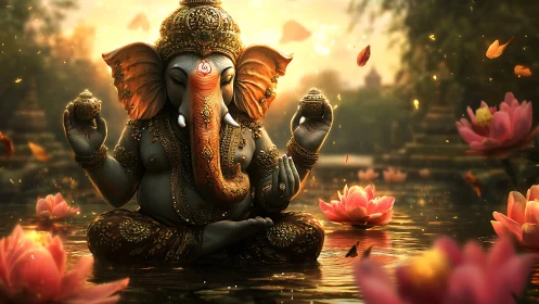 Divine elephant deity meditating in lotus pond at sunset.