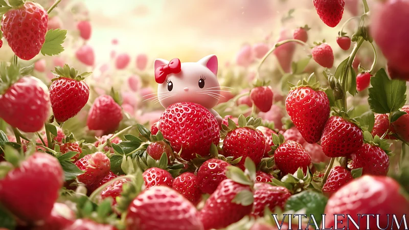 3D-Rendered Anthropomorphic Cat Surrounded by Photorealistic Strawberry Plants