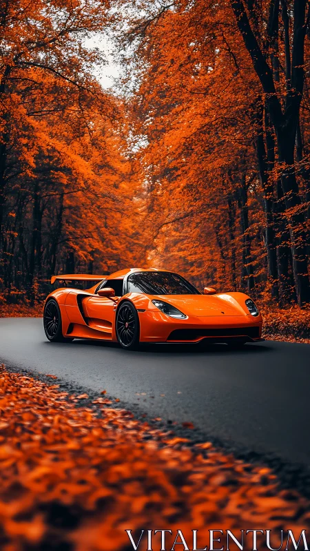 Orange supercar framed by dense autumn forest roadway.